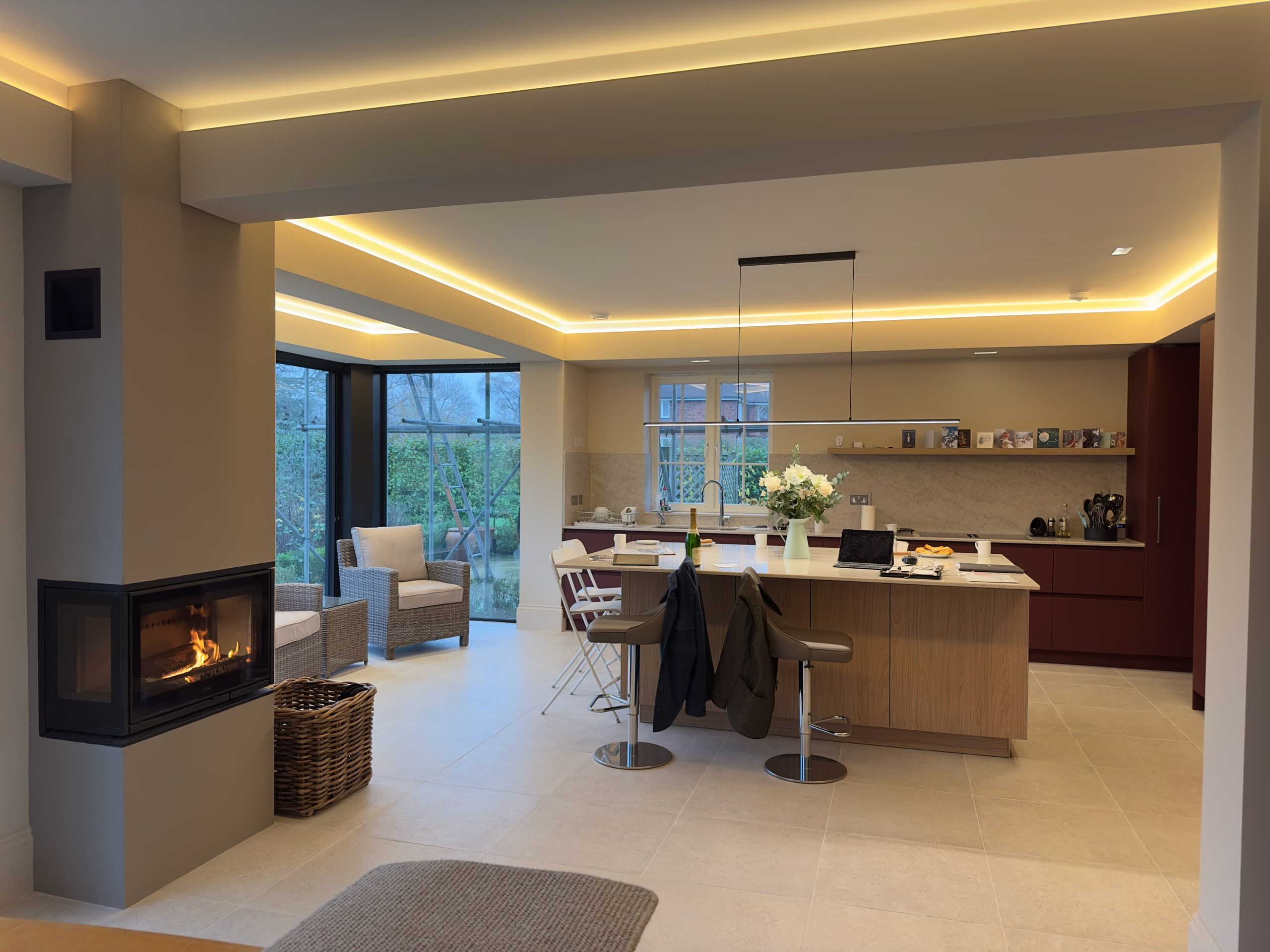 Kitchen, dining and living space seen from the hall with level garden access, detached house, Shackleford.
